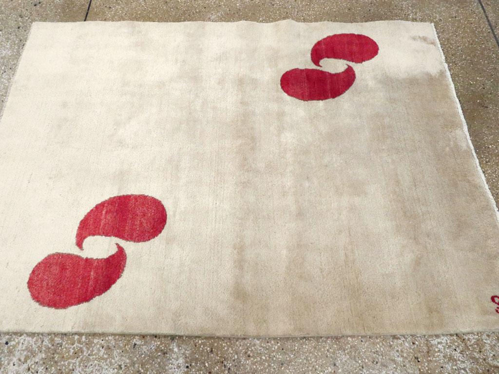 Mid-20th Century Handmade Persian Art Deco Paisley Scatter Rug in Cream and Red For Sale 1