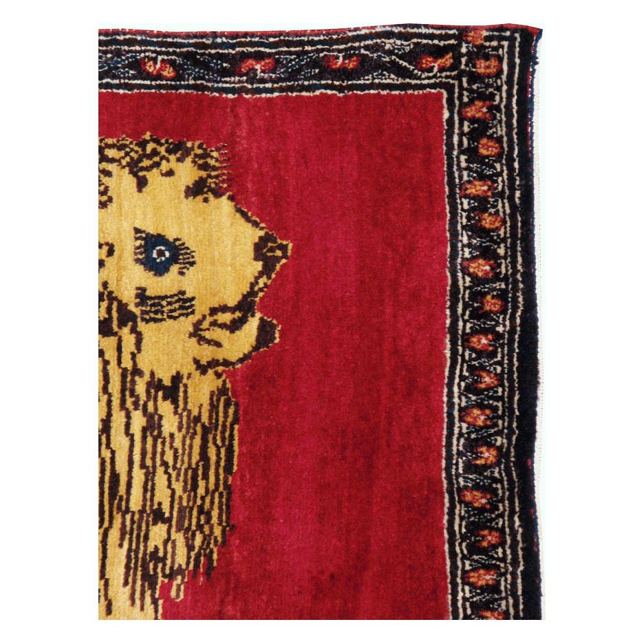 Tribal Mid-20th Century Handmade Persian Gabbeh Pictorial Lion Accent Rug For Sale