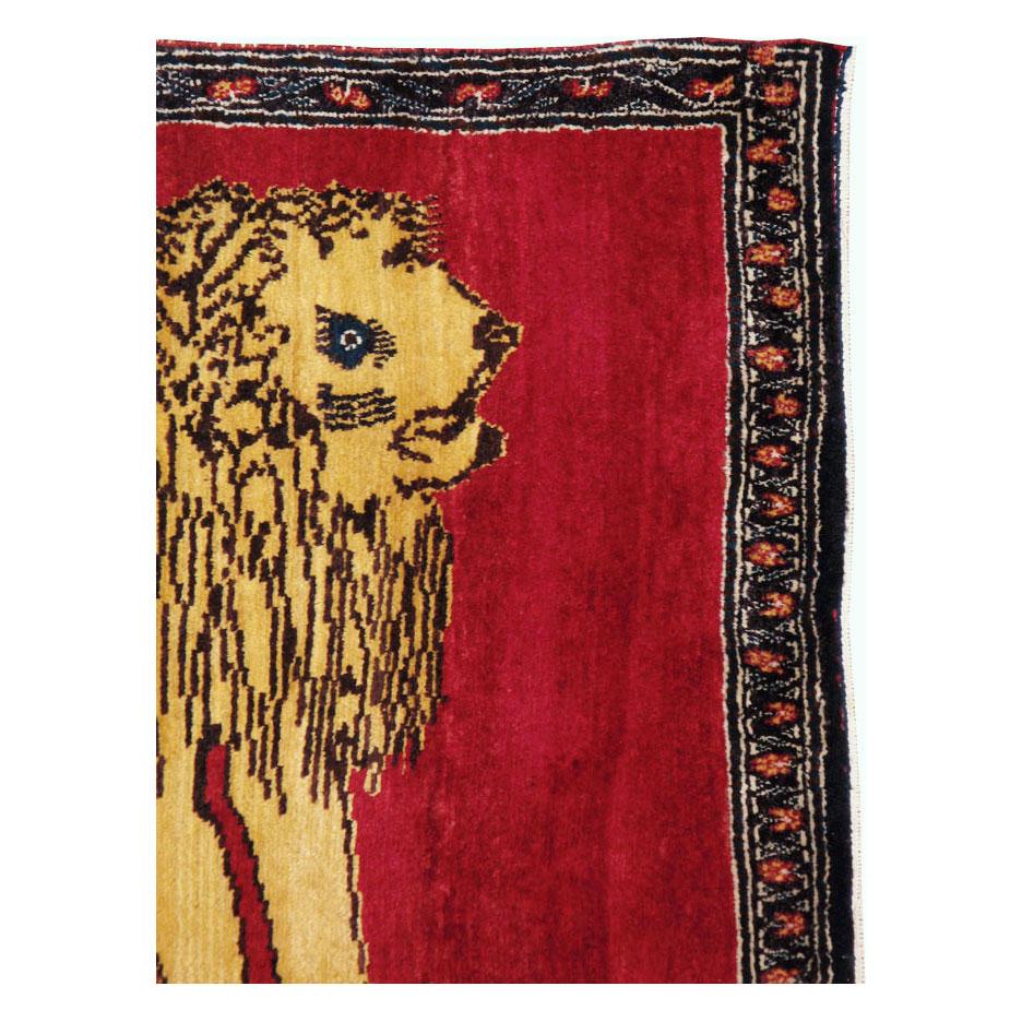 Hand-Knotted Mid-20th Century Handmade Persian Gabbeh Pictorial Lion Accent Rug For Sale