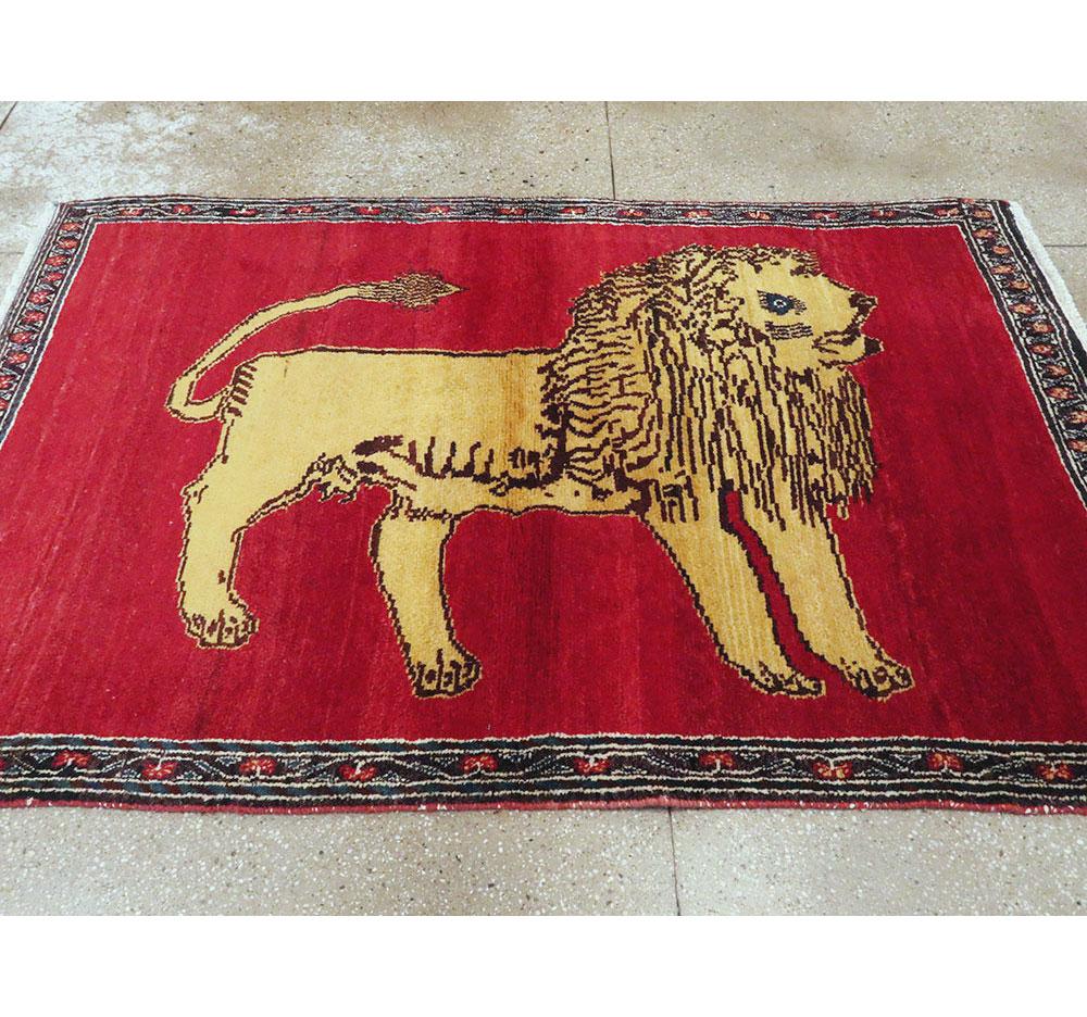 Mid-20th Century Handmade Persian Gabbeh Pictorial Lion Accent Rug In Excellent Condition For Sale In New York, NY
