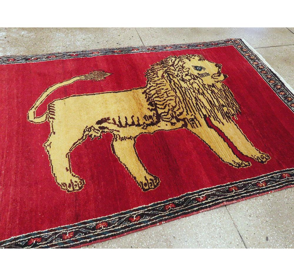 Wool Mid-20th Century Handmade Persian Gabbeh Pictorial Lion Accent Rug For Sale