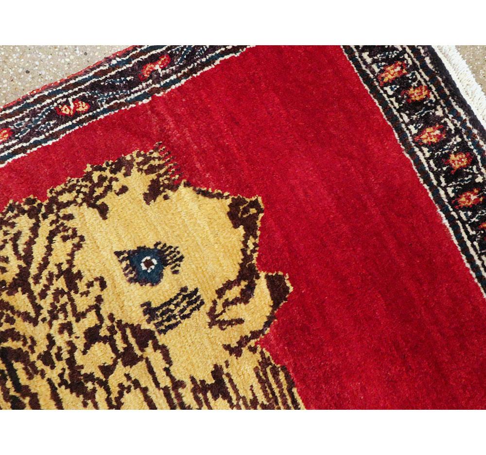 Mid-20th Century Handmade Persian Gabbeh Pictorial Lion Accent Rug For Sale 1