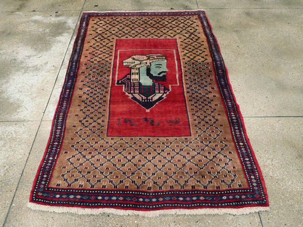 Rustic Mid-20th Century Handmade Persian Hamadan Pictorial Accent Rug For Sale