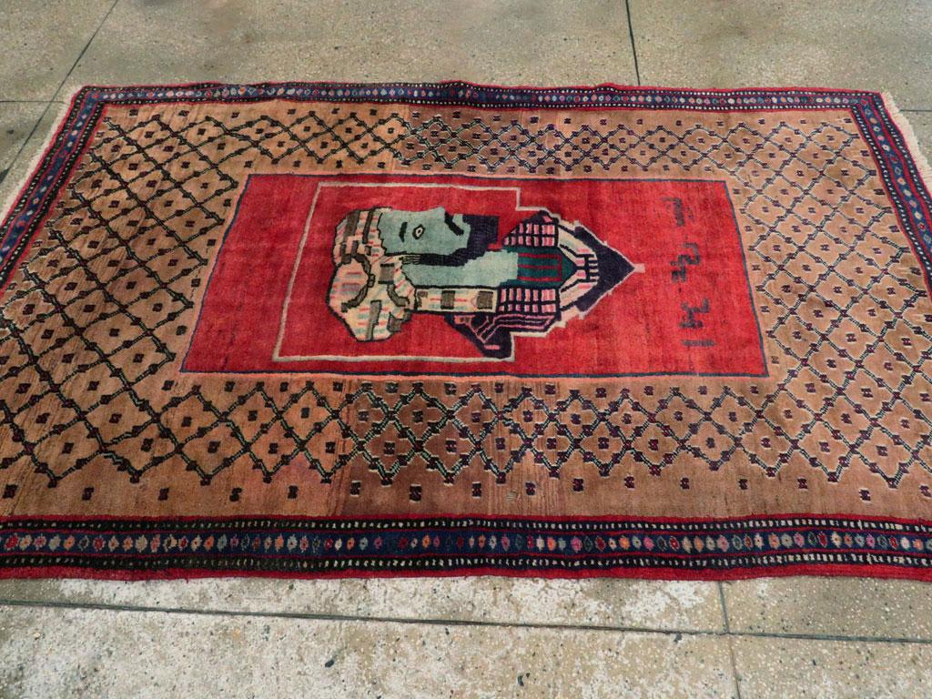 Wool Mid-20th Century Handmade Persian Hamadan Pictorial Accent Rug For Sale