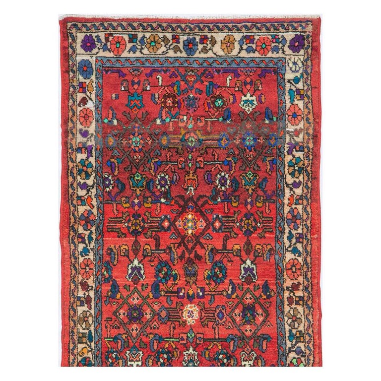 Mid-20th Century Handmade Persian Hamadan Runner Rug in Bright Vivid ...