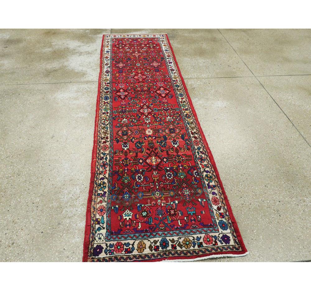 Hand-Knotted Mid-20th Century Handmade Persian Hamadan Runner Rug in Bright Vivid Colors For Sale