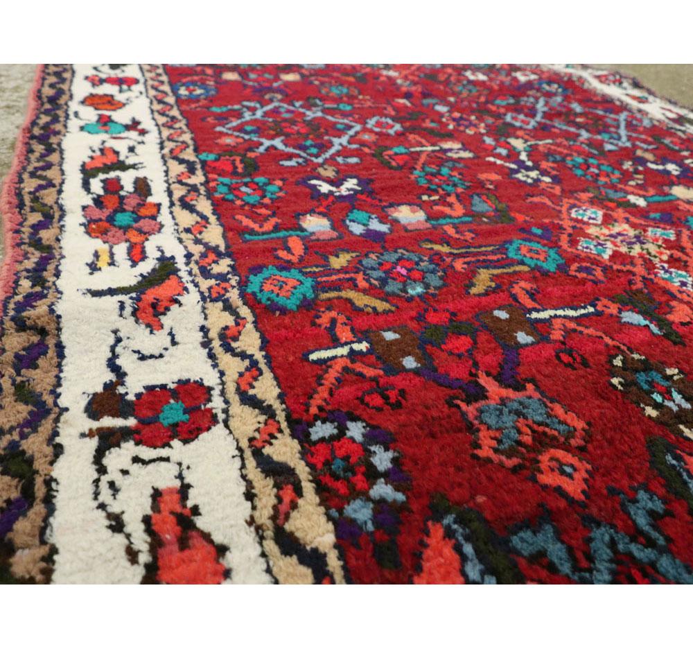 Hand-Knotted Mid-20th Century Handmade Persian Hamadan Runner Rug in Bright Vivid Colors For Sale