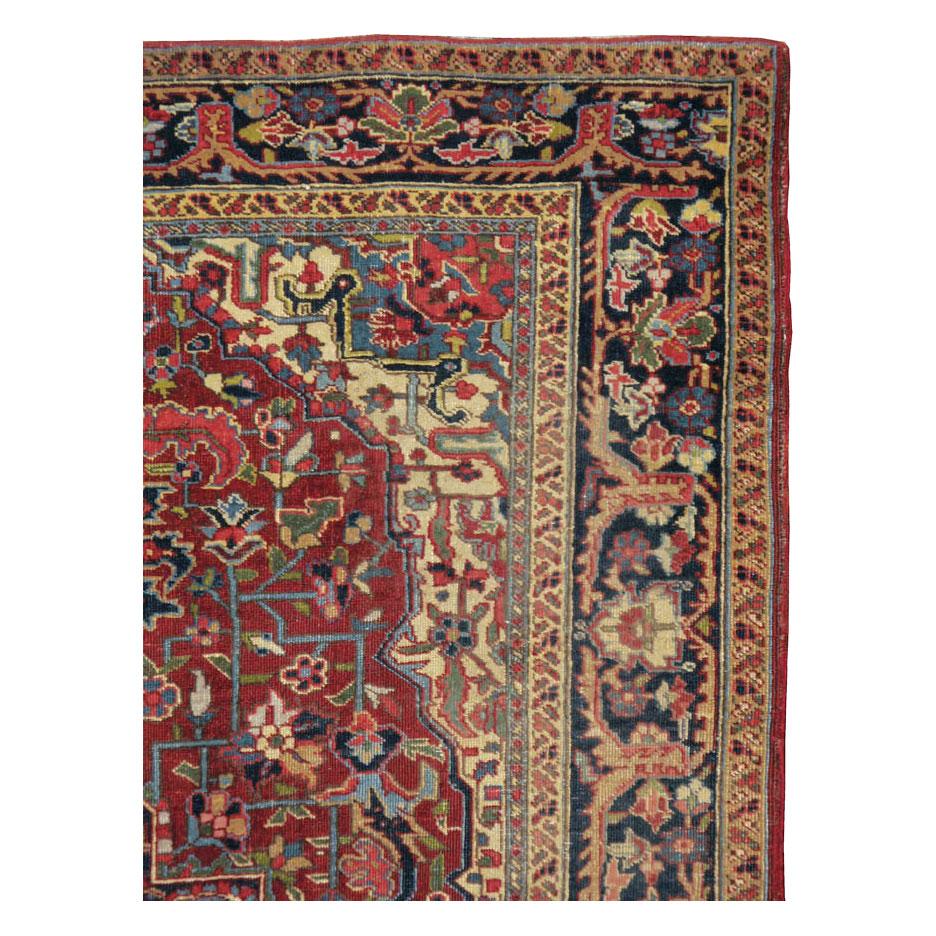 Rustic Mid-20th Century Handmade Persian Heriz Accent Rug For Sale