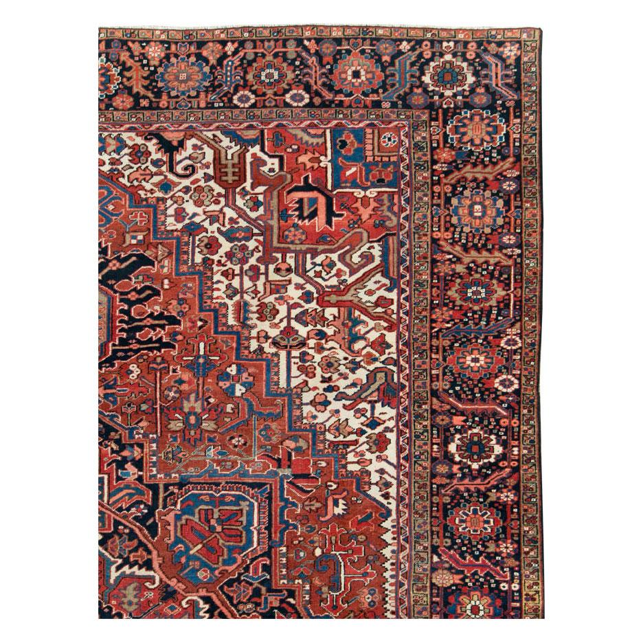 Rustic Mid-20th Century Handmade Persian Heriz Large Room Size Carpet