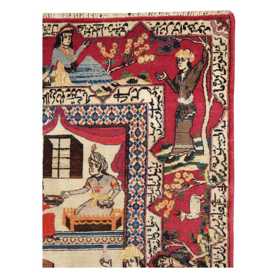 Folk Art Mid-20th Century Handmade Persian Kashan Pictorial Accent Rug, circa 1940 For Sale
