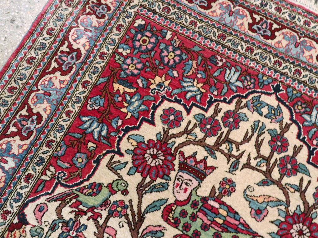 Wool Mid-20th Century Handmade Persian Kashan Pictorial Throw Rug For Sale