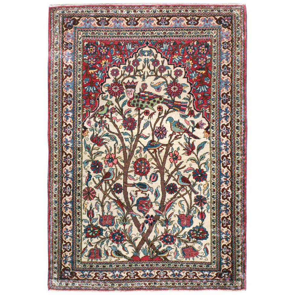 Mid-20th Century Handmade Persian Kashan Pictorial Throw Rug For Sale