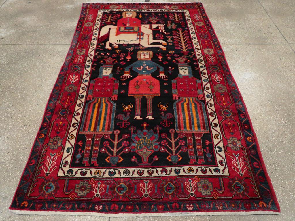 Hand-Knotted Mid-20th Century Handmade Persian Kurd Tribal Pictorial Accent Rug