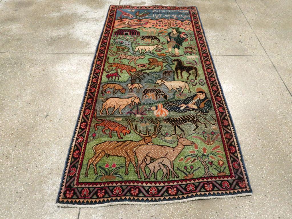 Hand-Knotted Mid-20th Century Handmade Persian Mahal Pictorial Accent Rug For Sale