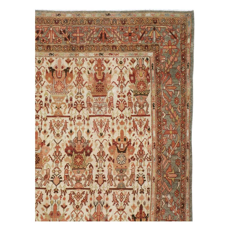 Rustic Mid-20th Century Handmade Persian Malayer Room Size Carpet in Grey, Red, & Ivory For Sale