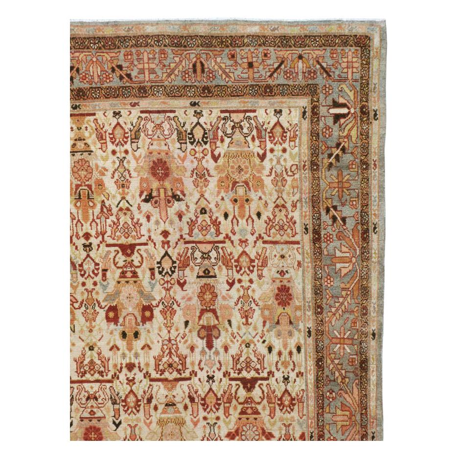 Hand-Knotted Mid-20th Century Handmade Persian Malayer Room Size Carpet in Grey, Red, & Ivory For Sale