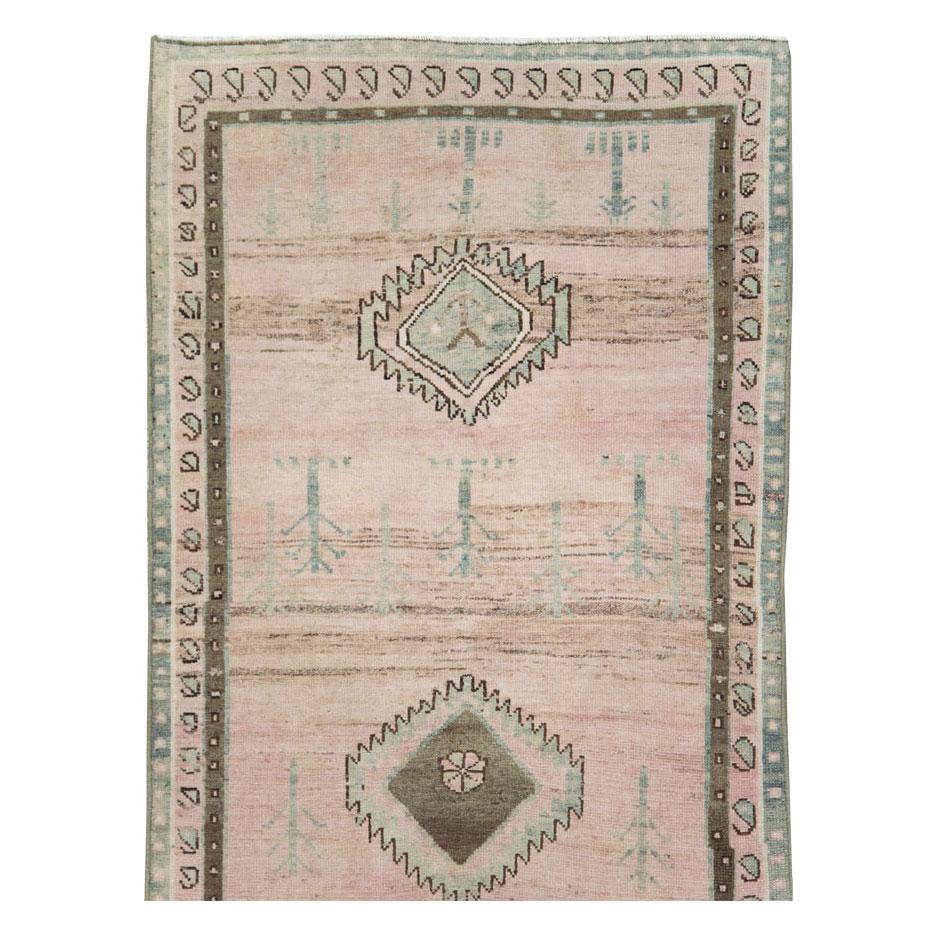 Rustic Mid-20th Century Handmade Persian Malayer Runner Rug in Neutral Blush and Pink For Sale