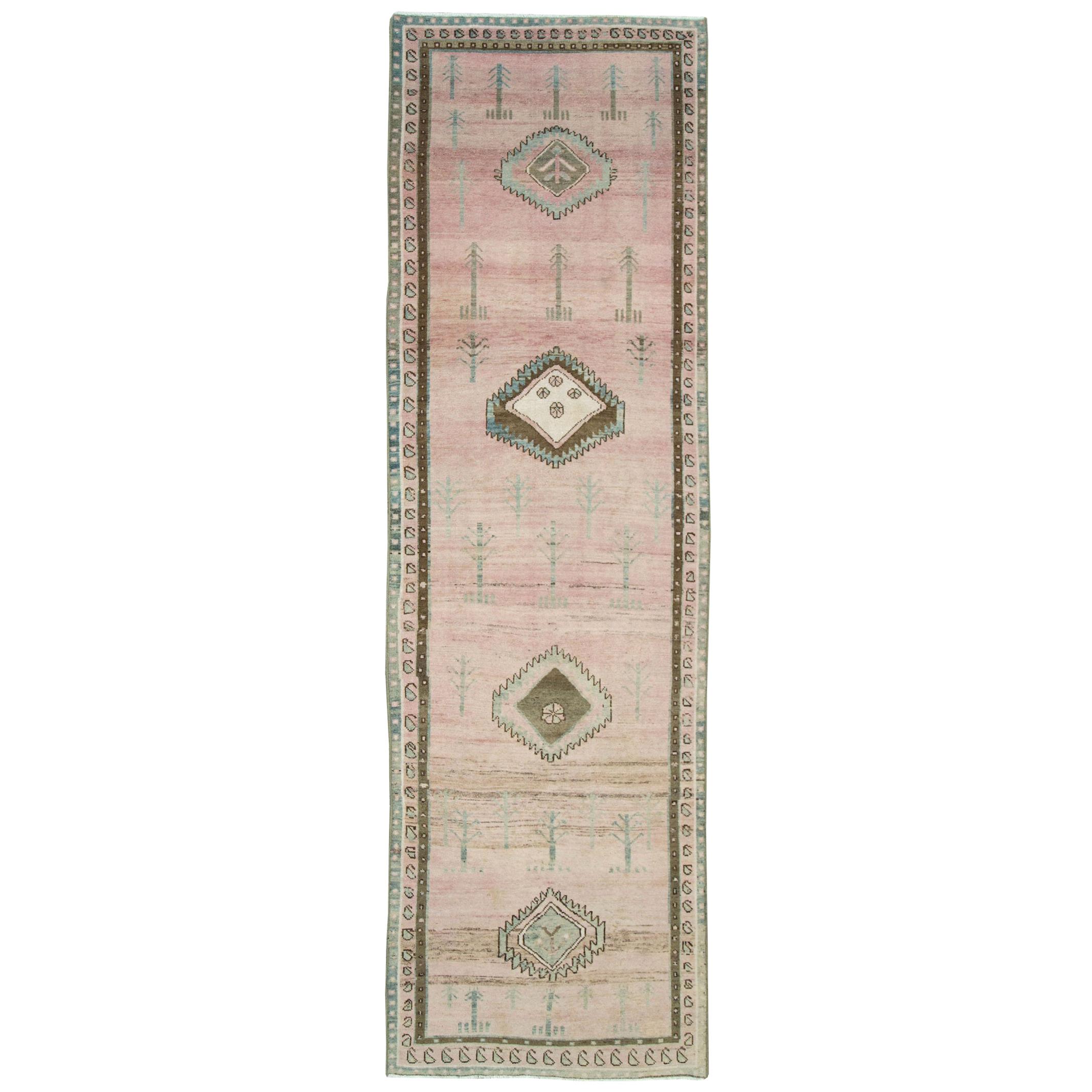 Mid-20th Century Handmade Persian Malayer Runner Rug in Neutral Blush and Pink For Sale