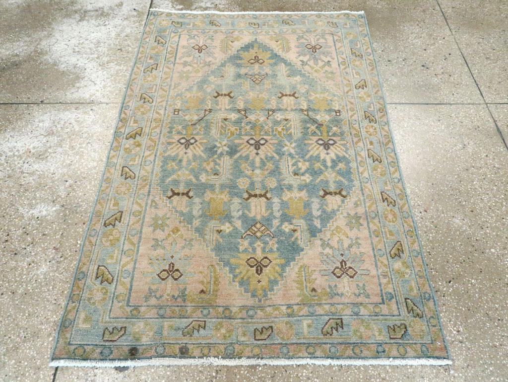 Rustic Mid-20th Century Handmade Persian Malayer Throw Rug in Blue-Grey, Nude, & Green For Sale