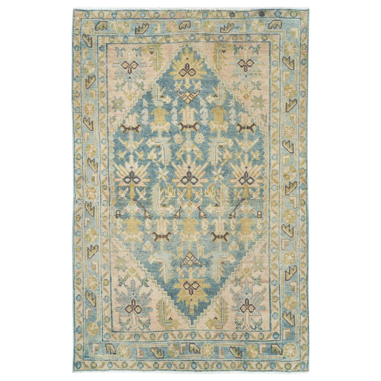 Mid-20th Century Handmade Persian Malayer Throw Rug in Blue-Grey, Nude, & Green