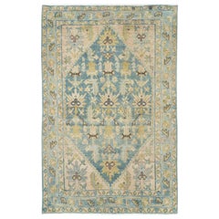 Used Mid-20th Century Handmade Persian Malayer Throw Rug in Blue-Grey, Nude, & Green