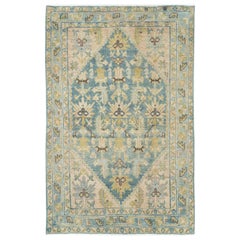 Retro Mid-20th Century Handmade Persian Malayer Throw Rug in Blue-Grey, Nude, & Green