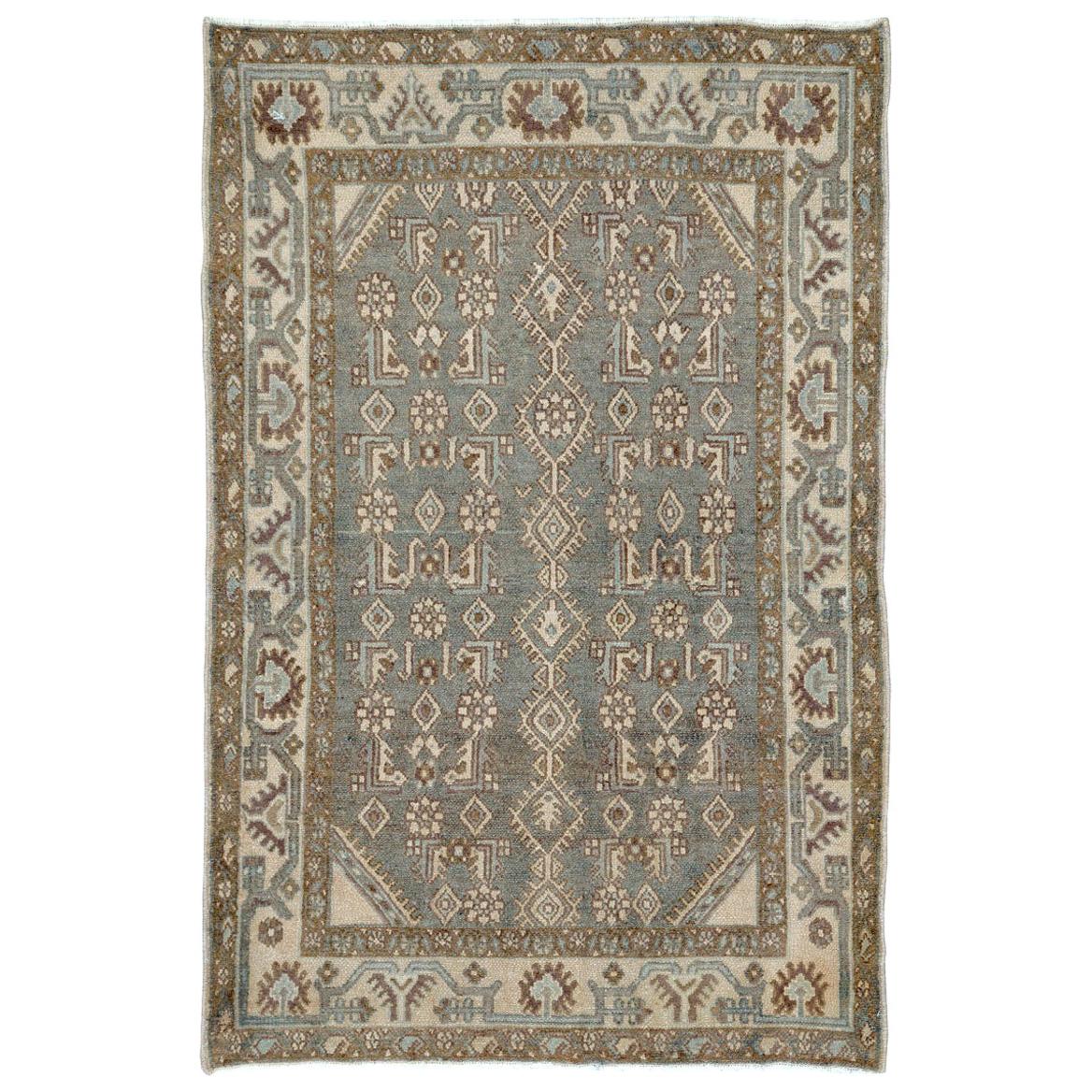 Mid-20th Century Handmade Persian Malayer Throw Rug In Grey & Brown For Sale