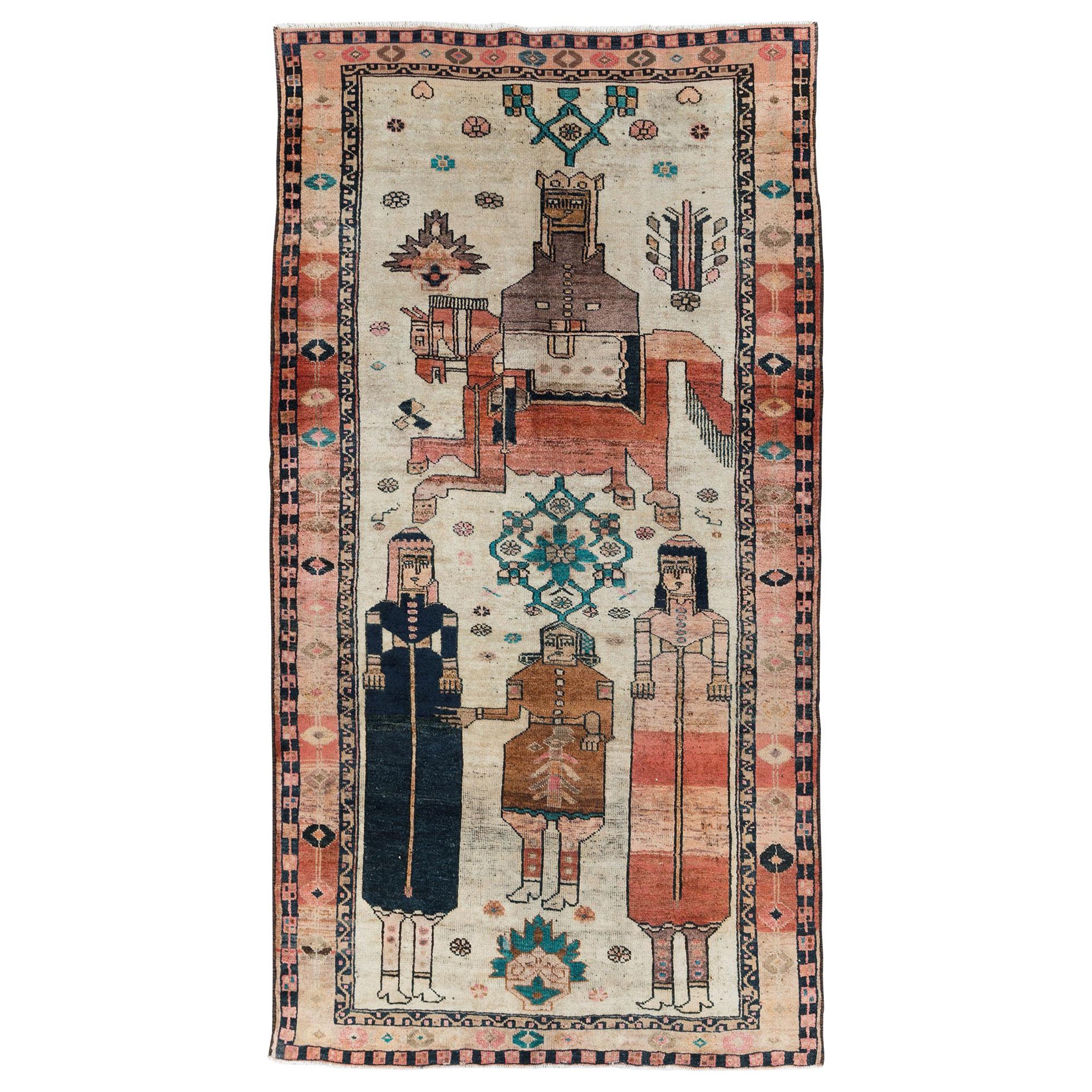 Tapis pictural persan Bakhtiari d'appoint fait à la main du milieu du 20e siècle