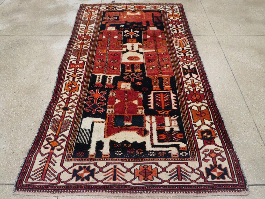 Tribal Mid-20th Century Handmade Persian Pictorial Bakhtiari Accent Rug For Sale