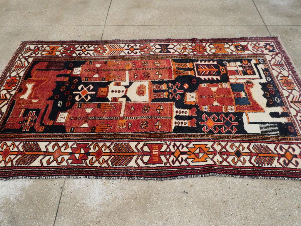 Mid-20th Century Handmade Persian Pictorial Bakhtiari Accent Rug In Excellent Condition For Sale In New York, NY