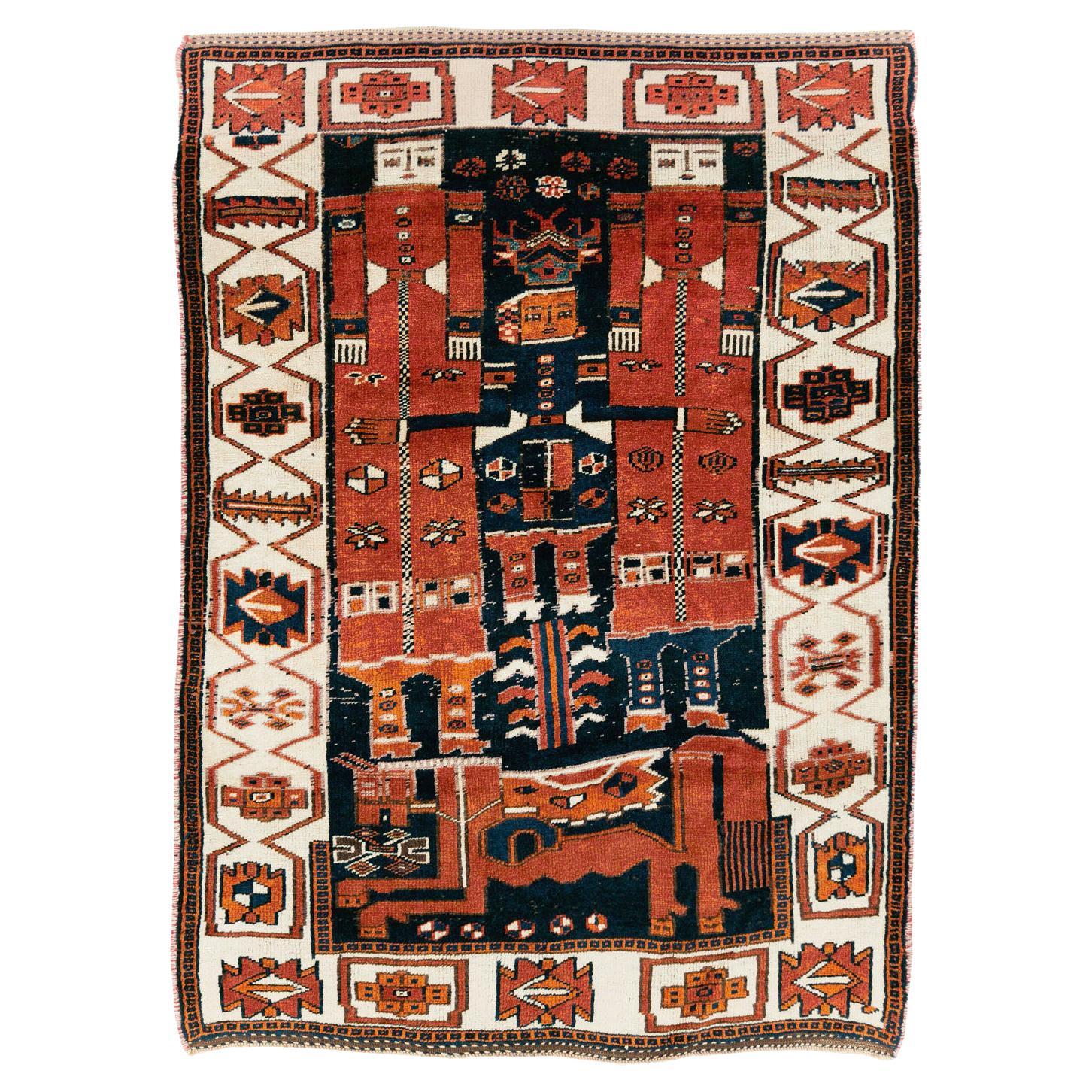 Mid-20th Century Handmade Persian Pictorial Bakhtiari Accent Rug For Sale