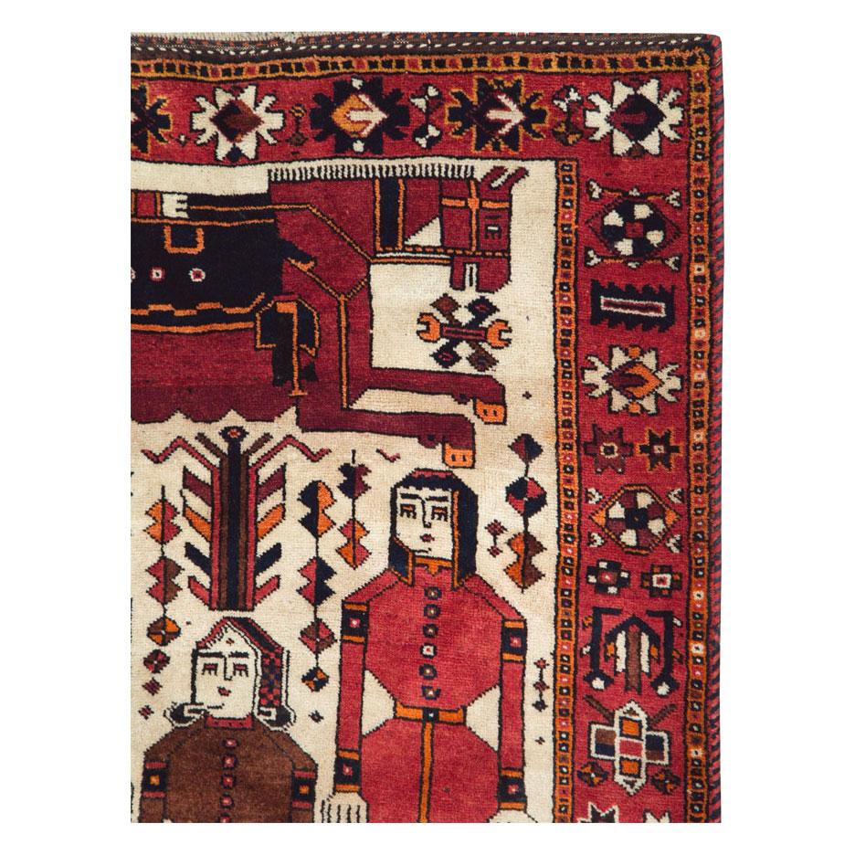 Tribal Mid-20th Century Handmade Persian Pictorial Bakhtiari Wide Runner Rug For Sale