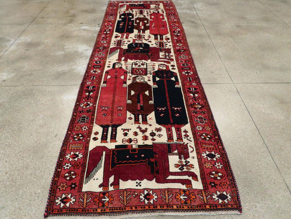 Hand-Knotted Mid-20th Century Handmade Persian Pictorial Bakhtiari Wide Runner Rug For Sale