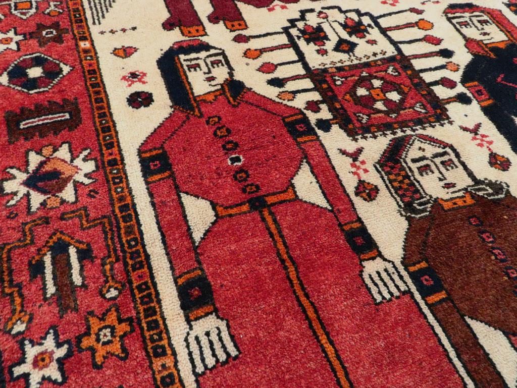 Mid-20th Century Handmade Persian Pictorial Bakhtiari Wide Runner Rug In Good Condition For Sale In New York, NY