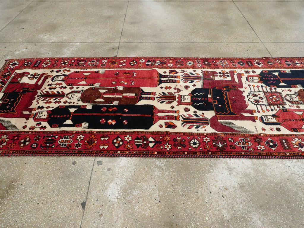 Wool Mid-20th Century Handmade Persian Pictorial Bakhtiari Wide Runner Rug For Sale