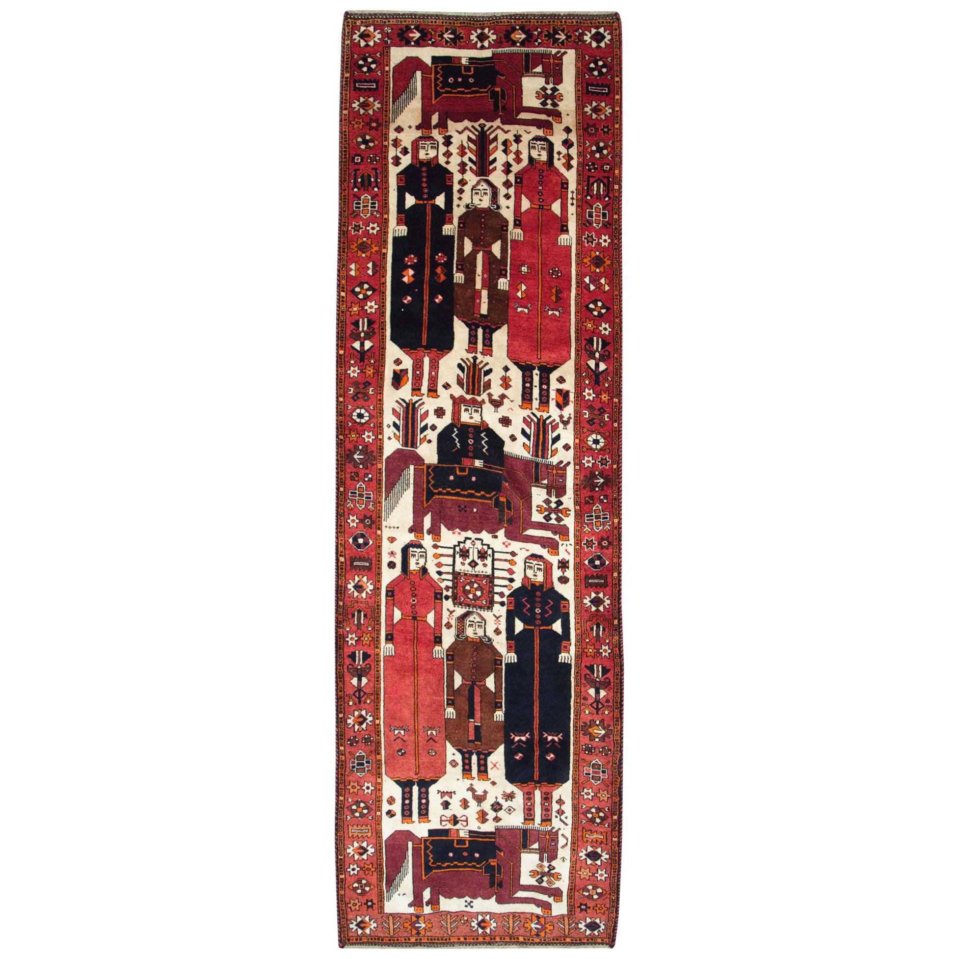 Mid-20th Century Handmade Persian Pictorial Bakhtiari Wide Runner Rug For Sale
