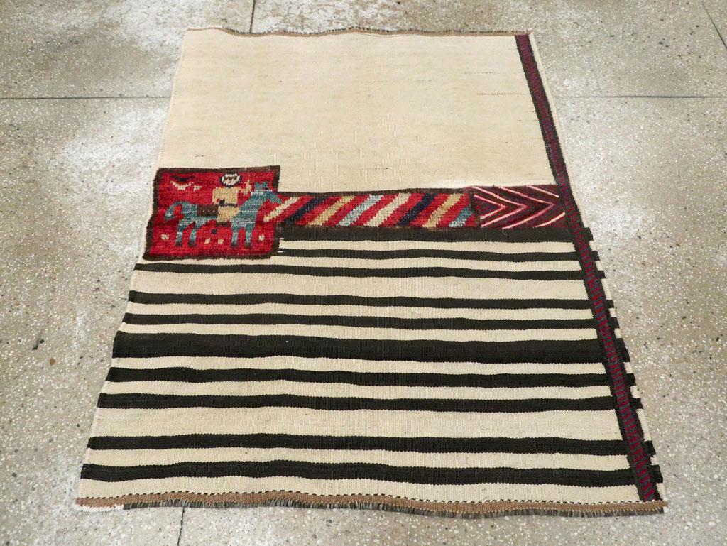 Folk Art Mid-20th Century Handmade Persian Pictorial Flatweave Kilim Throw Rug For Sale