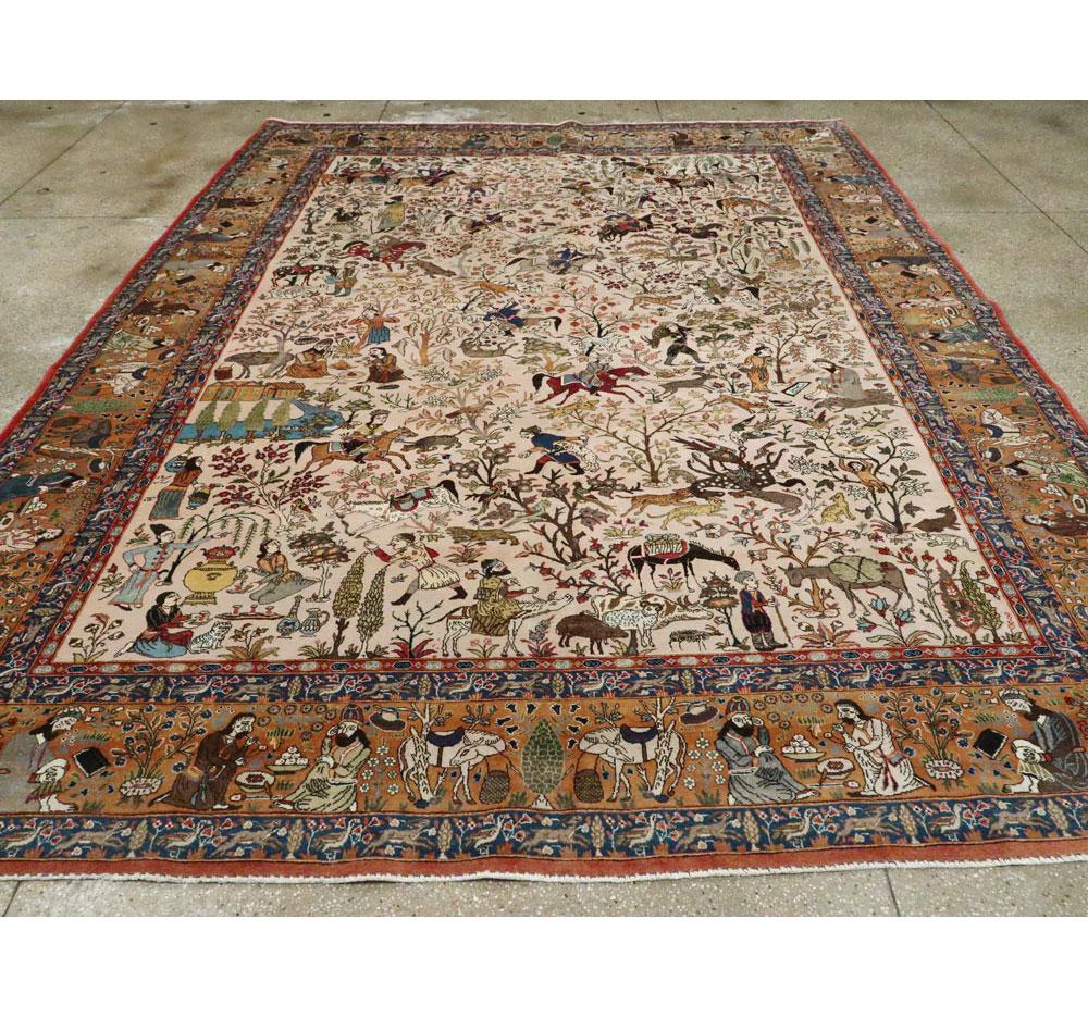 Folk Art Mid-20th Century Handmade Persian Pictorial Tabriz Hunting Ground Carpet For Sale