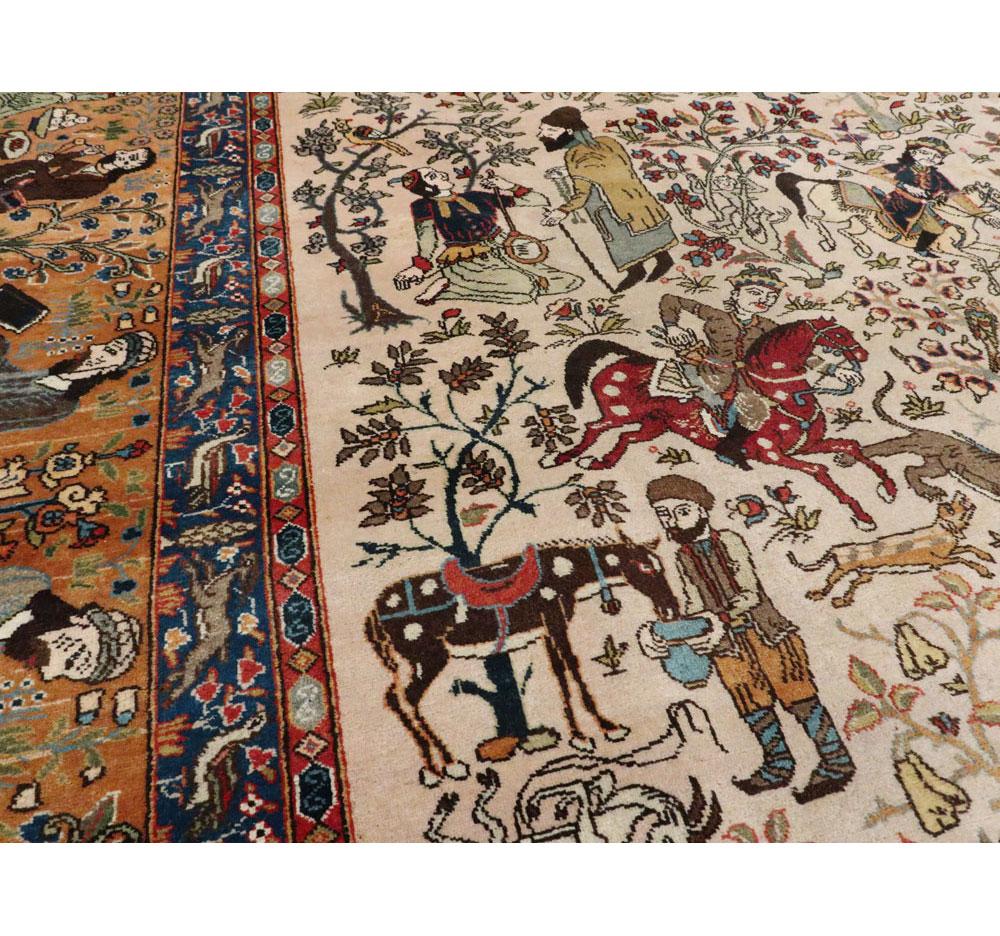 Hand-Knotted Mid-20th Century Handmade Persian Pictorial Tabriz Hunting Ground Carpet For Sale