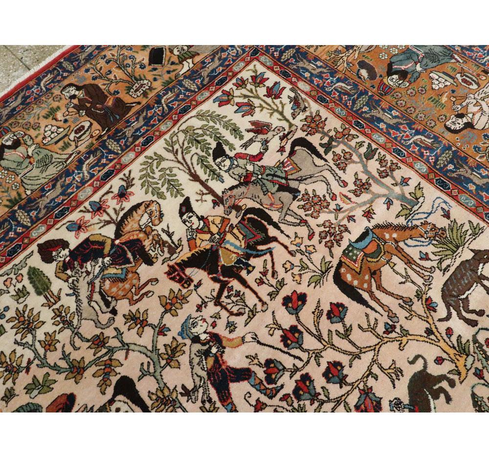 Mid-20th Century Handmade Persian Pictorial Tabriz Hunting Ground Carpet In Excellent Condition For Sale In New York, NY