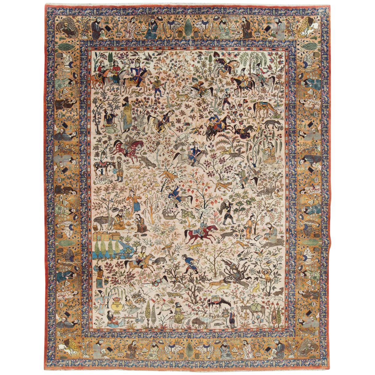 Handgefertigter persischer malerischer Täbris-Teppich mit Jagdgrund aus der Mitte des 20. Jahrhunderts im Angebot