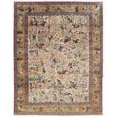 Tapis persan pictural de Tabriz sur fond de chasse, fait à la main, datant du milieu du 20e siècle