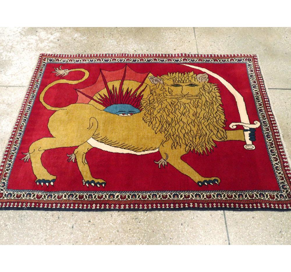 Folk Art Mid-20th Century Handmade Persian Shiraz Lion & Sun Pictorial Throw Rug