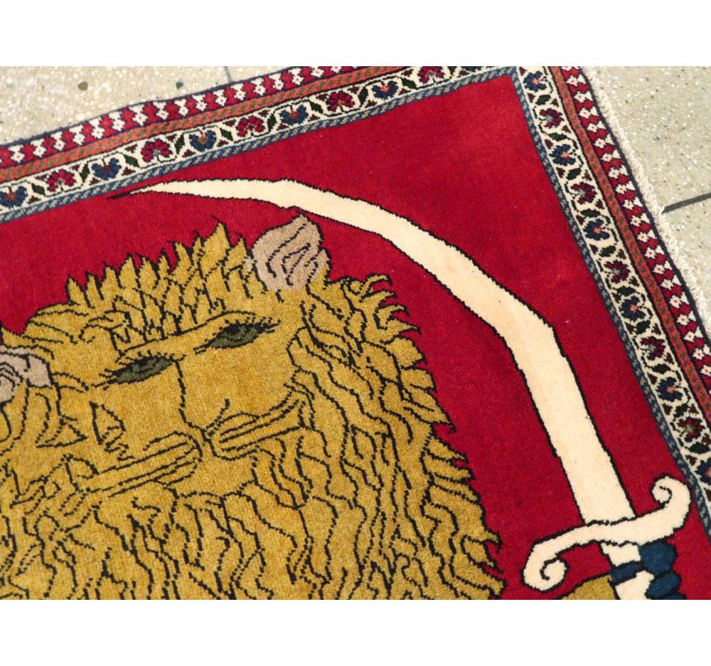 Hand-Knotted Mid-20th Century Handmade Persian Shiraz Lion & Sun Pictorial Throw Rug