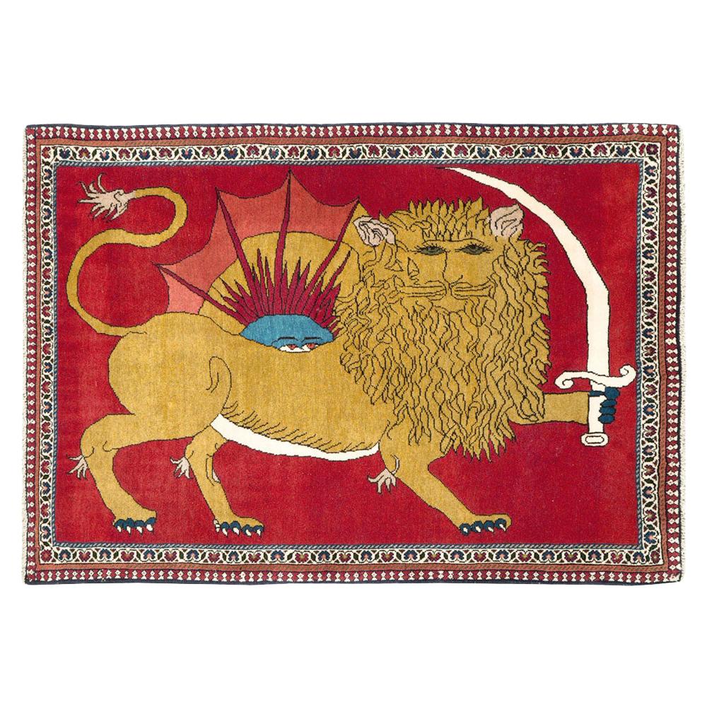 Mid-20th Century Handmade Persian Shiraz Lion & Sun Pictorial Throw Rug