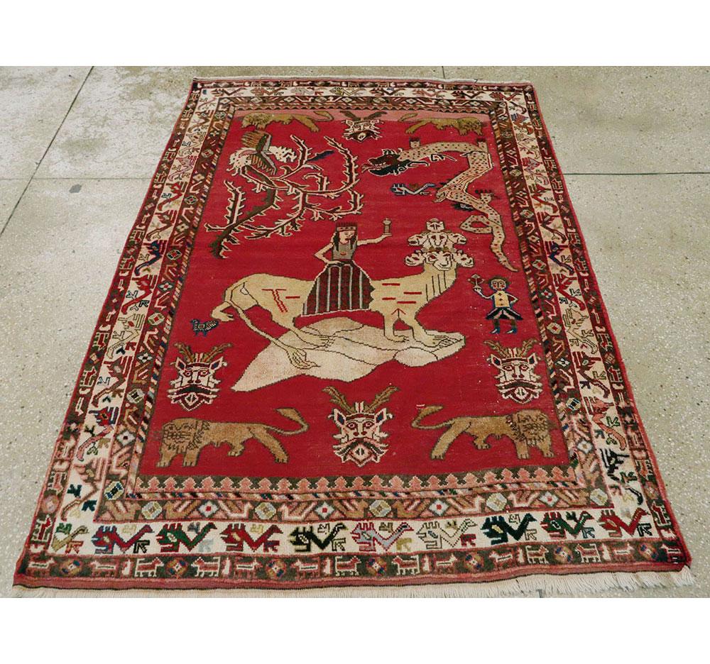 Hand-Knotted Mid-20th Century Handmade Persian Shiraz Pictorial Accent Rug