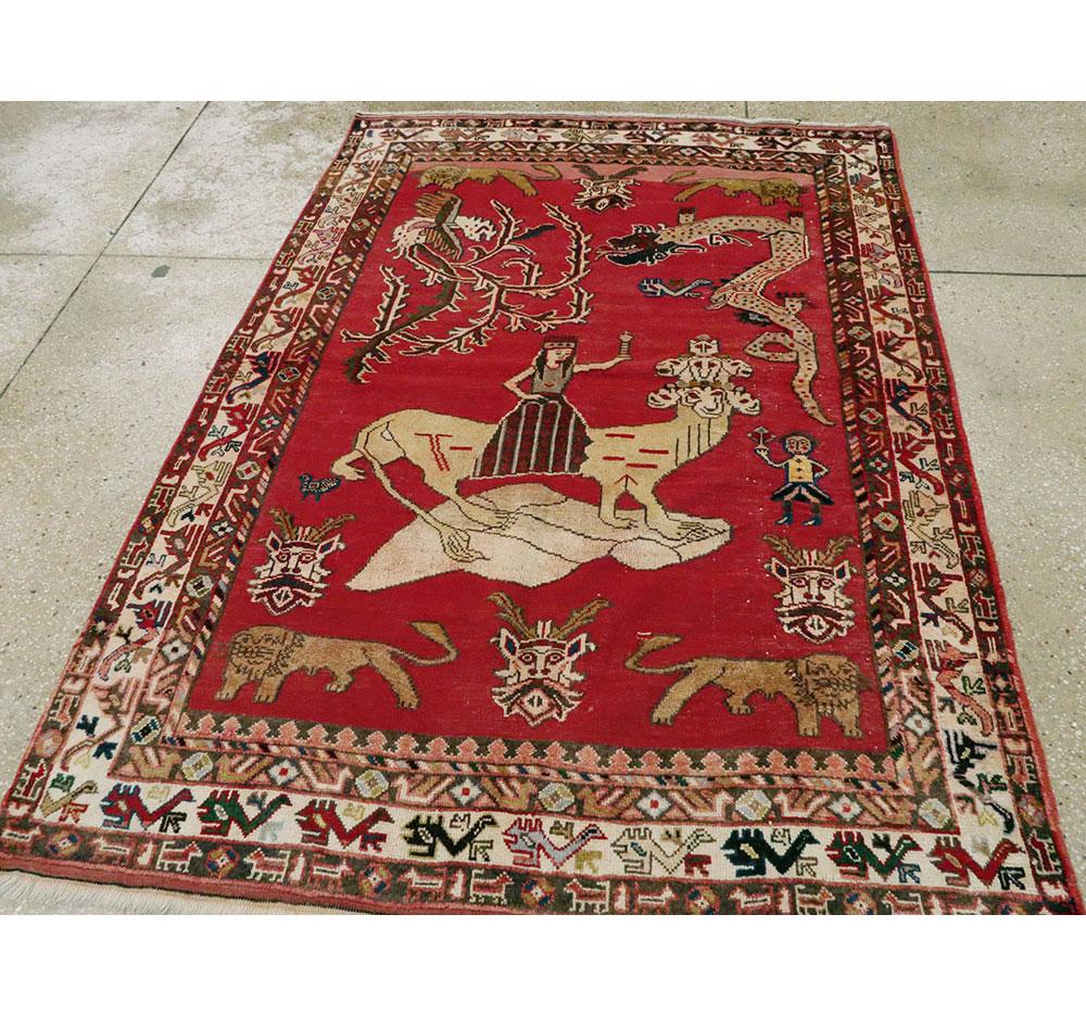 Mid-20th Century Handmade Persian Shiraz Pictorial Accent Rug In Excellent Condition In New York, NY
