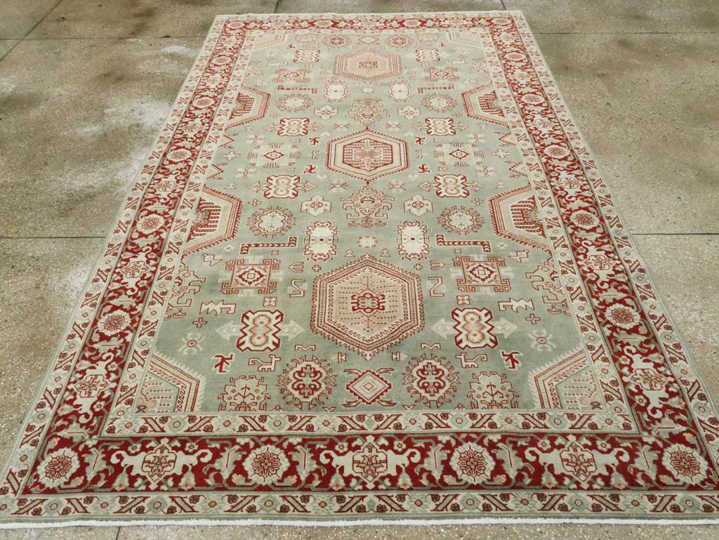 Mid-20th Century Handmade Persian Tabriz Accent Rug in Green and Rust Red In Good Condition For Sale In New York, NY