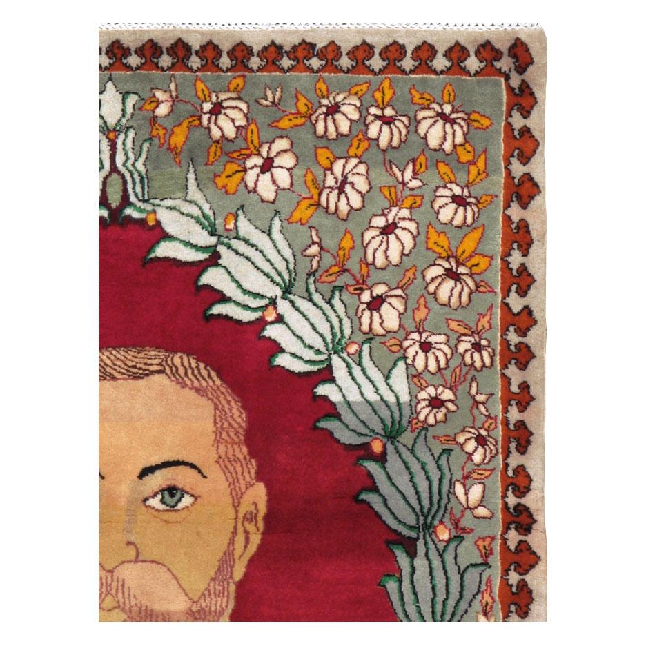Folk Art Mid-20th Century Handmade Persian Tabriz King George V Pictorial Small Throw Rug For Sale