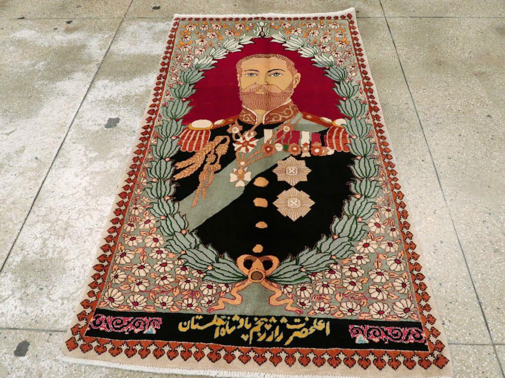 Hand-Knotted Mid-20th Century Handmade Persian Tabriz King George V Pictorial Small Throw Rug For Sale